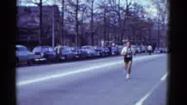 Boston Mass USA (1975): Three Marathon Runners Running On A Closed Off Asphalt
