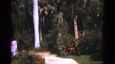 Florida USA (1975): Woman Wearing Pink Dress Walks Through Lush Green Garden On A