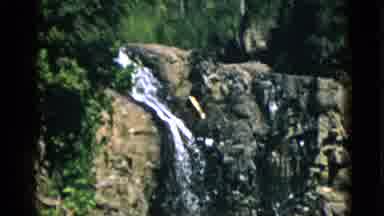 QUEBEC CANADA-1952: Camera Pans Down Waterfall Running Over Large Brown Rocks