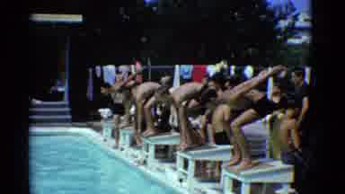 Yonkers New York (1953): A Group Of Four Swimmers On Blocks Dive Into A Pool To
