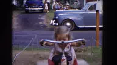 Hicksville New York (1954): Girl Wearing Red And White Dress Runs With Tricycle