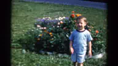 California USA (1954): Boy Walking In Front Of A Flower Garden