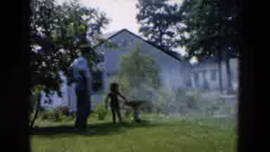 Hicksville New York (1955): Young Girl And A Man Playing In A Yard With A Bird