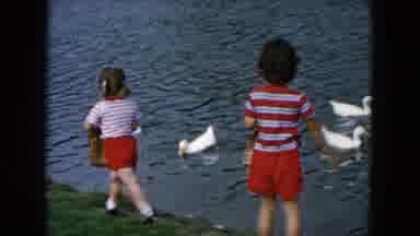 Hicksville New York-1955: Two Girls Feed White Ducks In The Pond Then Play In