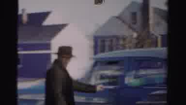 Albany New York (1955): Man In Hat And Coat Waving Then Entering Blue Car On The