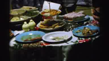 Albany New York (1955): Table With Christmas Tablecloth And Full Table Of Food At
