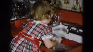 Hicksville New York (1956): Girl Wearing Red Dress Washes Dishes At Red And White