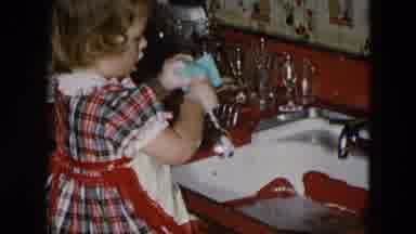 Hicksville New York (1956): Little Girl Apron Washing Silverware Kitchen Sink Mat
