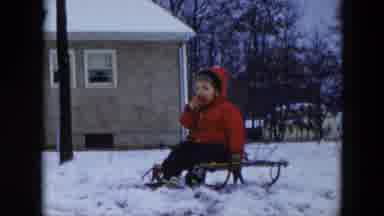 Hicksville New York (1956): Little Girl On A Sled And Eating Snow In Front Of