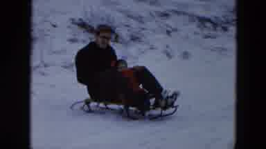 Hicksville New York (1956): Man In Glasses And Boy In Red Coat Sledding Down Small