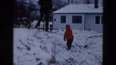 Hicksville New York (1956): Child Wearing Red Coat Walks Uphill To Ride On Sled