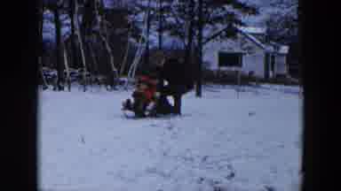 Hicksville New York (1956): Father Pushing His Children On A Sled In The Snow