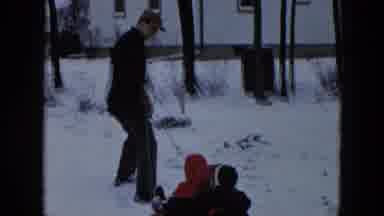 Hicksville New York (1956): A Father Pulling His Kids On Snow Using A Sleigh