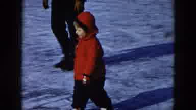 Hicksville New York (1956): Boy Wearing Red Coat And Hat Runs Across Frozen Pond