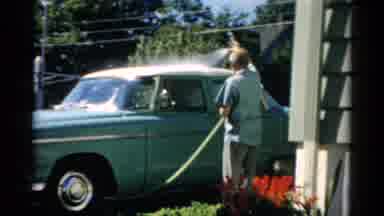 Catskill New York (1957): Man Washes Baby Blue Antique Car On A Lovely Summer Day