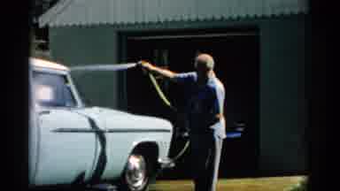 Catskill New York (1957): Man Washing Car And Mowing Lawn With His Son