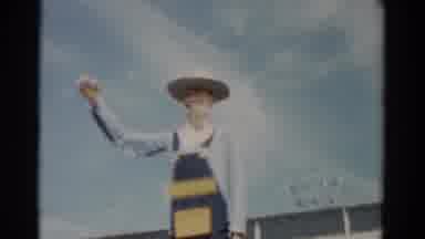 Catskill New York (1957): View Of Blue And Yellow Farmer Sculpture On A Bright