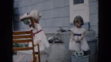 Hicksville New York (1957): Two Little Girls In White Dress Playing With Kitchen