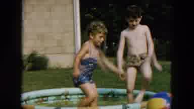 Hicksville New York (1957): Kids Having Fun Outside In A Little Pool With A Ball