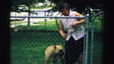 Normal Illinois USA (1957): A Woman Putting Her Dog On A Leash In Her Yard