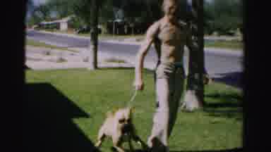 Normal Illinois USA (1957): Man Walking Strong Pitbull Over To Neighbors Sitting
