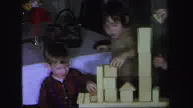 Lynbrook New York (1971): Three Young Boys Happily Stacking Wooden Building Blocks