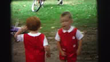 Lynbrook New York (1973): Two Cute Little Boys In Matching Red Outfits Playing