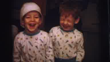 Lynbrook New York (1973): Twin Boys Wearing Blue And White Pajamas Smile For The