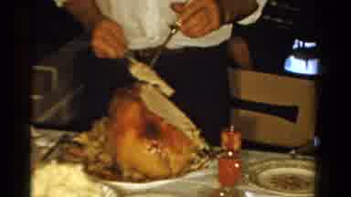 Ontario Canada (1958): Man Dressed Black Pants White Short Shirt Roast Turkey For