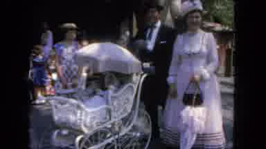 San Diego California-1962: Family in Period Attire Strolling with Baby Carriage