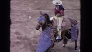 Los Angeles California USA (1962): Rodeo Man On Top Of Horse Big Bull Man Running