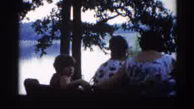 Illinois USA (1962): A Few People Sitting Near Pine Trees And A Wooded Lake Area