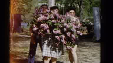 Wauconda Illinois USA-1961: Three Women Holding Bouquets of Purple Lilacs in Garden