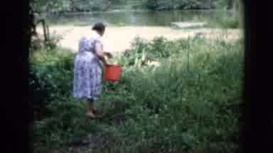 Wauconda Illinois USA (1960): An Old Fatty Woman Is Watering The Green Plants Of