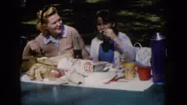 Wauconda Illinois USA (1960): People Enjoy A Picnic With Sandwiches And Drinks At