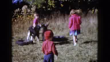 Wauconda Illinois USA (1960): Three Children Playing In The Field With Two Goats