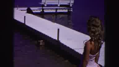 Buffalo New York USA (1961): Man Girl Bathing Suits Watching Feeding Ducks Lake