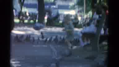 Catskill New York USA (1962): Boy Wearing Green Shorts Feeds Large Flock Of
