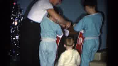 Catskill New York USA (1962): Kids Use A Chair To Hang Their Stockings Up With