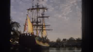 Disneyland California (1962): Large Brown Wooden Sailboat With American Flag On It