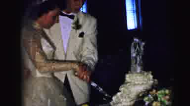 Camden New Jersey USA (1964): Young Couple Celebrating Wedding Cake Cutting Happy