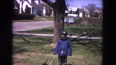 Evanston Illinois (1964): Young Boy In Blue Jacket Standing Front Yard Dog On