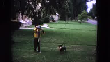 Evanston Illinois (1964): Child Dressed As Cowboy While Dog Plays In Front Yard