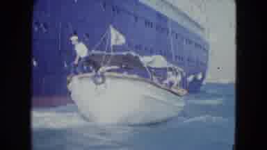Kingston Jamaica-1964: Small Navy Boat Rocking In Waves Pulling Up Next To Large Ship