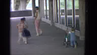 Niagra Falls US (1964): Toddler Wearing Blue Overalls Pushes Green Stroller To