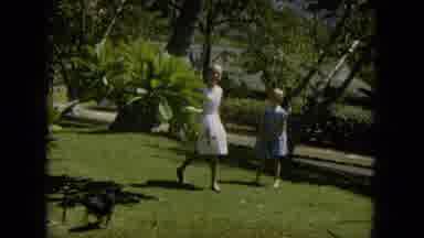 Oahi Hawaii (1964): Girls In Dresses Walking With Dog Across Lawn