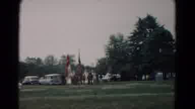 Hagerstown Maryland USA (1966): Group People Walking Park Flag Grass Trees Tent