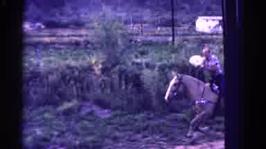Colorado USA-1967: Man Riding Horse to Red Barn Barbecue