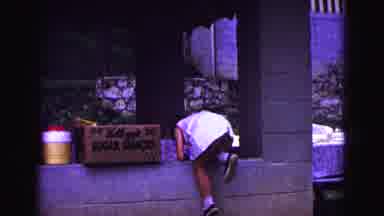 Galena Illinois USA (1967): Child Climbs Up Porch To Woman Setting Up Food Goods