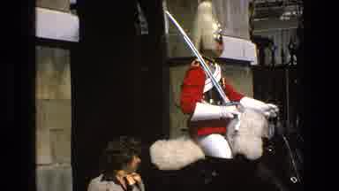 England (1969): A British Royal Horse Guard In Full Uniform Sitting On A